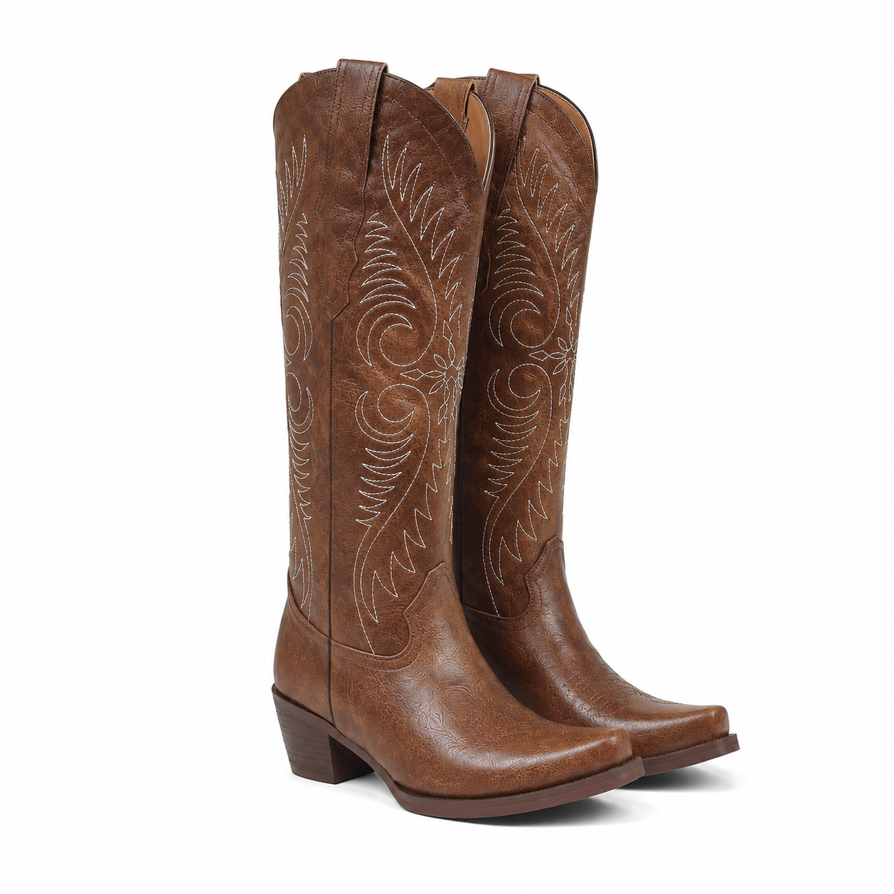 Rich Brown Women's Pointed-Toe Stacked-Heel Sheepskin Embroidered Knee-High Boots