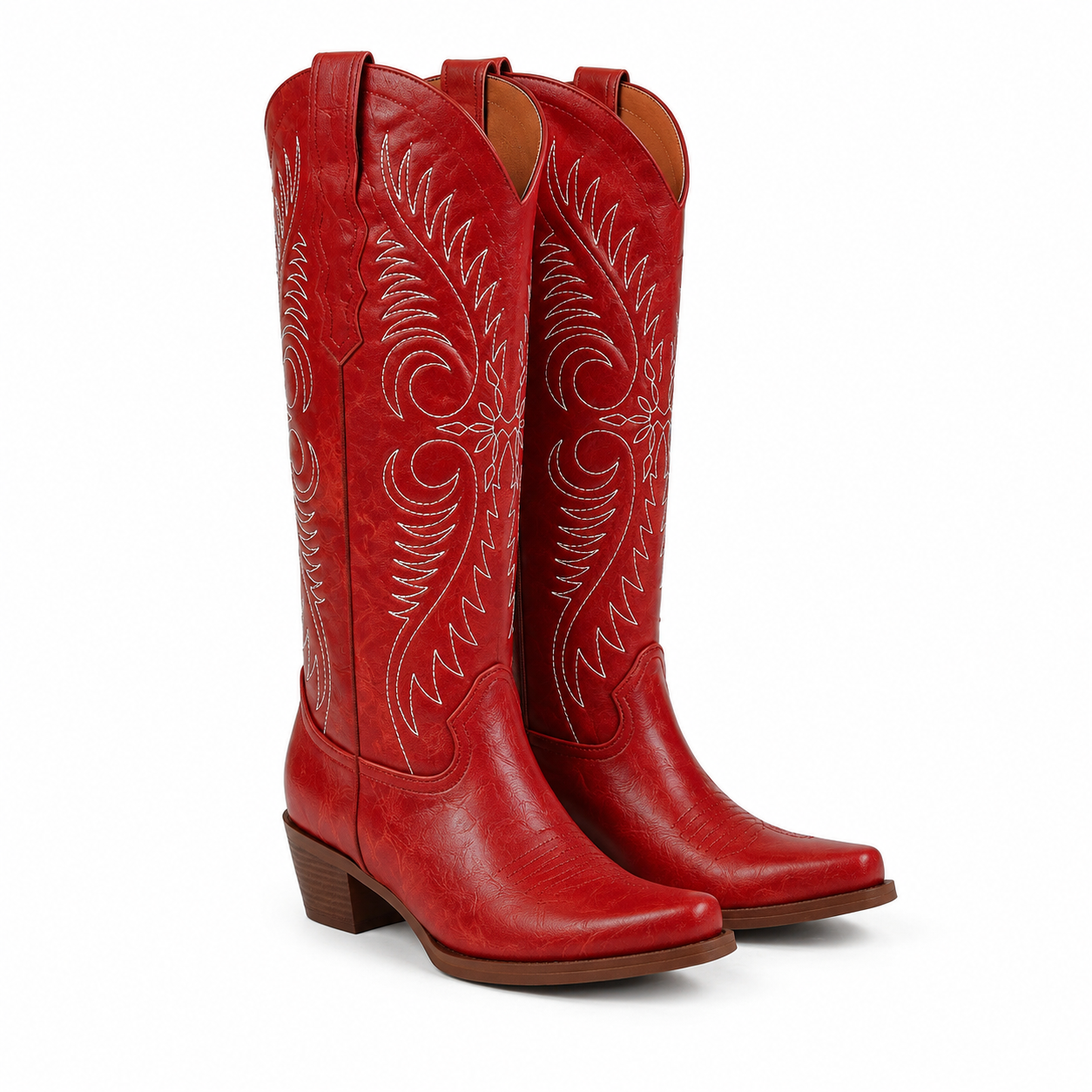 Deep Red Women's Pointed-Toe Stacked-Heel Sheepskin Embroidered Knee-High Boots