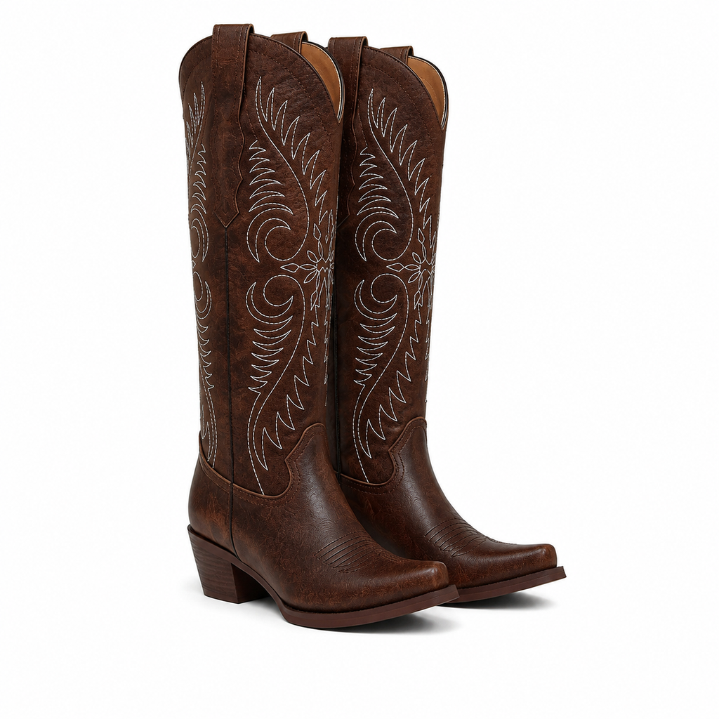 Rich Chocolate Women's Pointed-Toe Stacked-Heel Sheepskin Embroidered Knee-High Boots