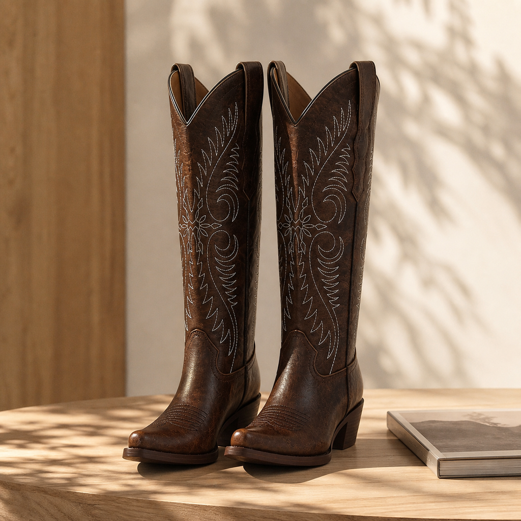 Rich Chocolate Women's Pointed-Toe Stacked-Heel Sheepskin Embroidered Knee-High Boots styled scene