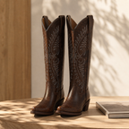 Rich Chocolate Women's Pointed-Toe Stacked-Heel Sheepskin Embroidered Knee-High Boots styled scene