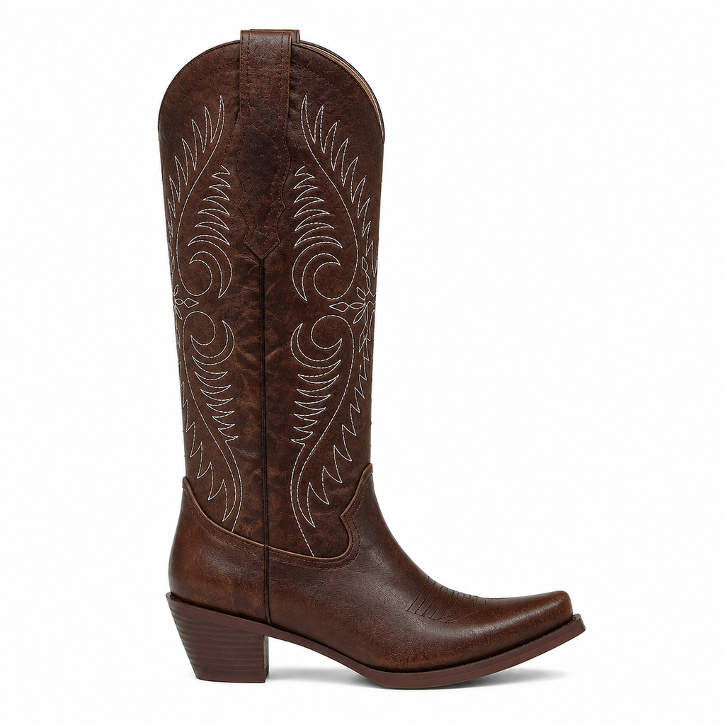 Rich Chocolate Women's Pointed-Toe Stacked-Heel Sheepskin Embroidered Knee-High Boots side view