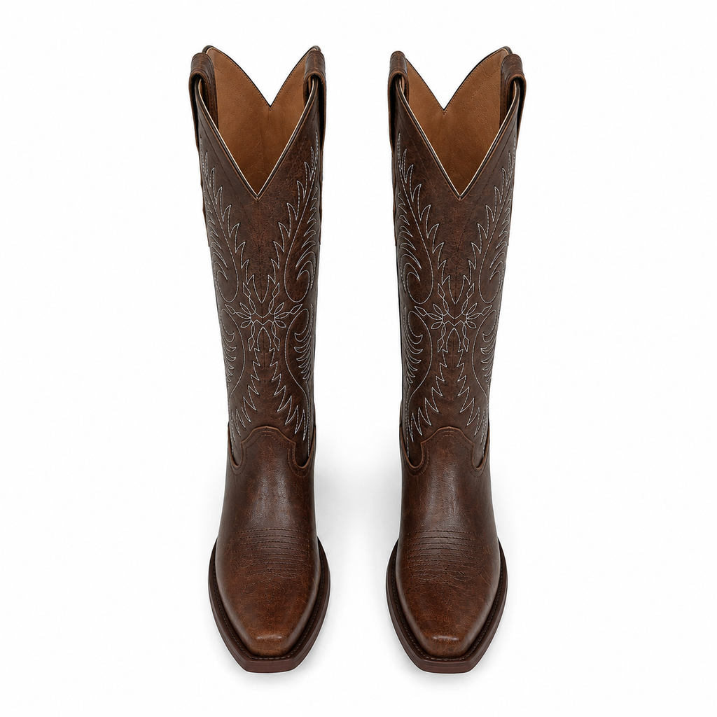 Rich Chocolate Women's Pointed-Toe Stacked-Heel Sheepskin Embroidered Knee-High Boots top view