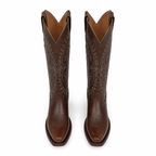 Rich Chocolate Women's Pointed-Toe Stacked-Heel Sheepskin Embroidered Knee-High Boots top view