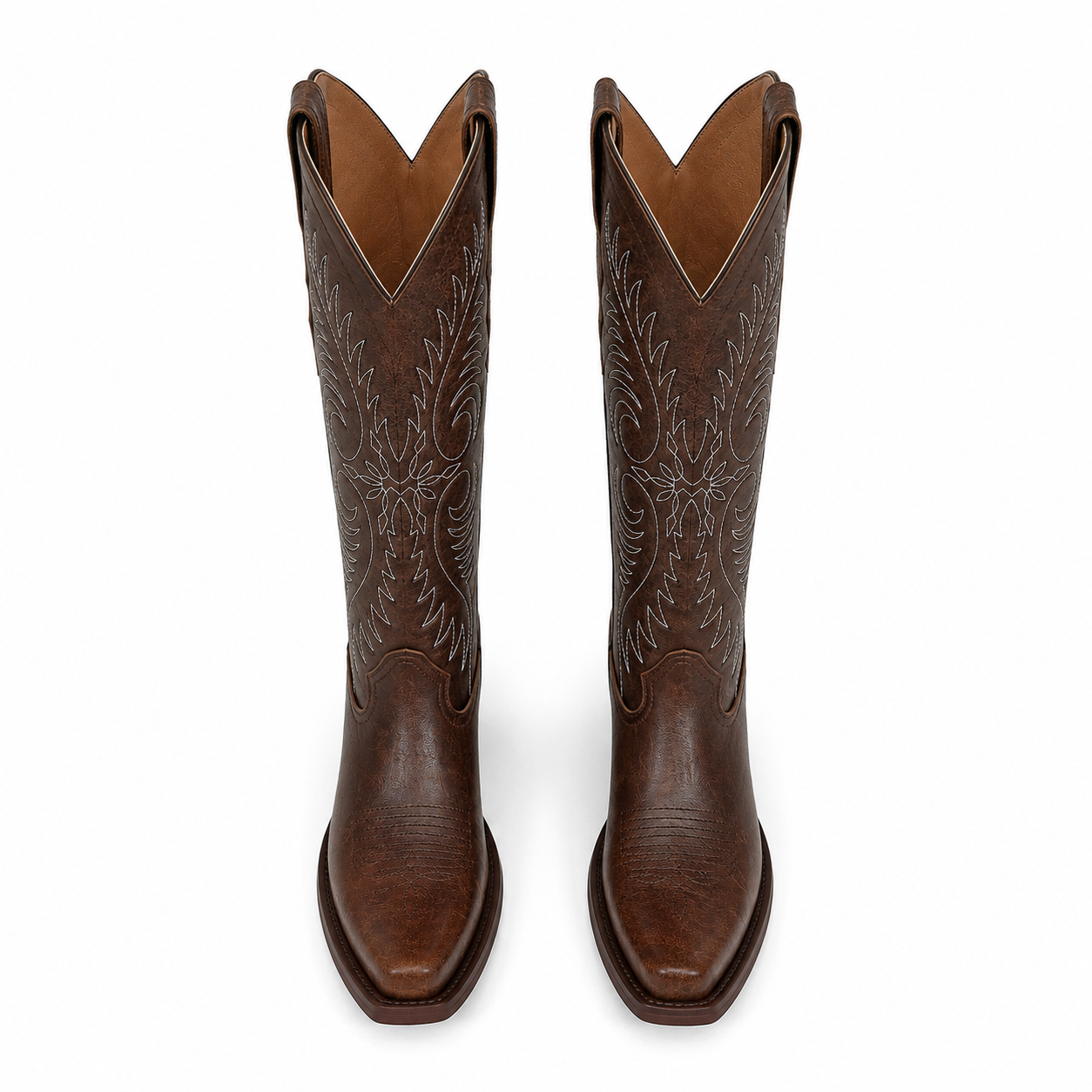 Rich Chocolate Women's Pointed-Toe Stacked-Heel Sheepskin Embroidered Knee-High Boots top view