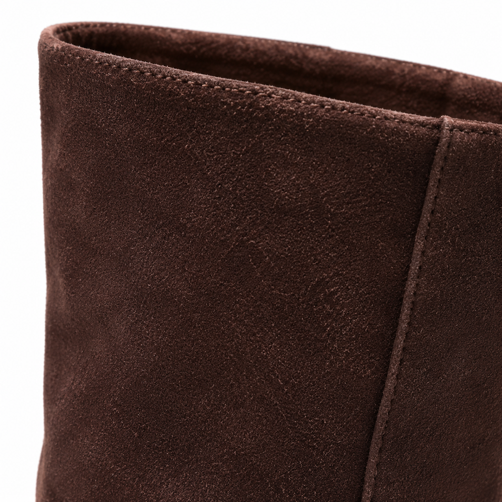 Rich Chocolate Women's Round-Toe Block-Heel Sheepskin Zip Mid-Calf Boots close-up detail