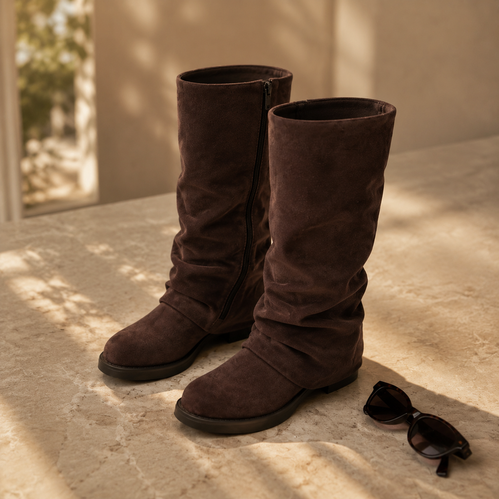 Rich Chocolate Women's Round-Toe Block-Heel Sheepskin Zip Mid-Calf Boots styled scene