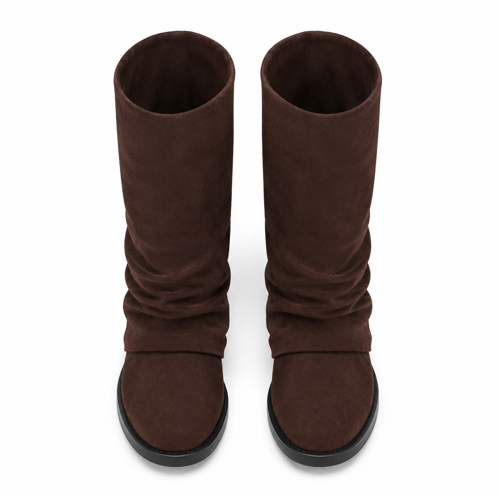 Rich Chocolate Women's Round-Toe Block-Heel Sheepskin Zip Mid-Calf Boots top view