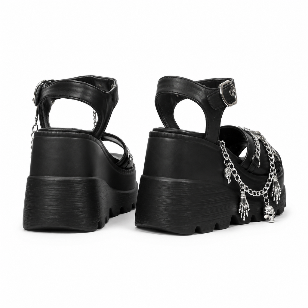 Deep Black Women's Open-Toe Microfiber Heart-Buckle Chain Wedge Sandals heel detail
