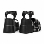 Deep Black Women's Open-Toe Microfiber Heart-Buckle Chain Wedge Sandals heel detail