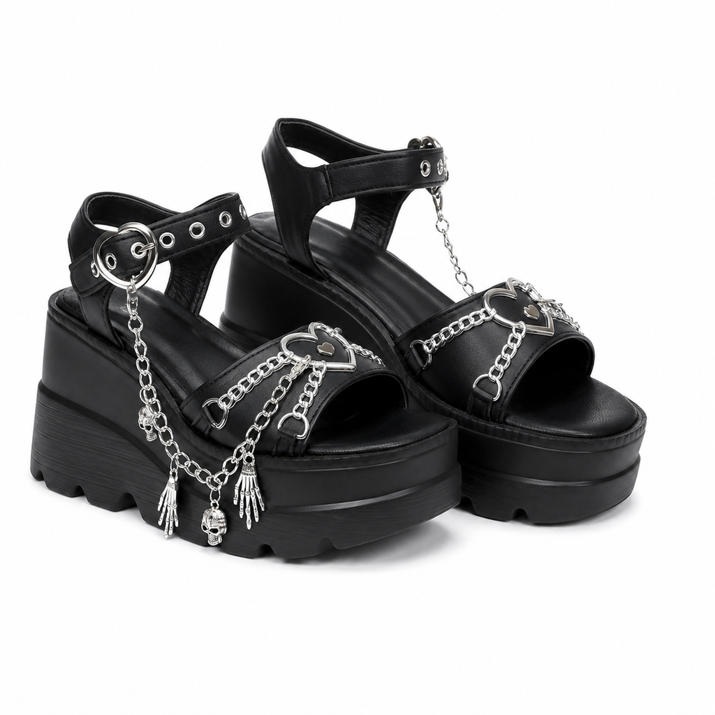 Deep Black Women's Open-Toe Microfiber Heart-Buckle Chain Wedge Sandals