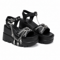 Deep Black Women's Open-Toe Microfiber Heart-Buckle Chain Wedge Sandals