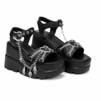 Deep Black Women's Open-Toe Microfiber Heart-Buckle Chain Wedge Sandals