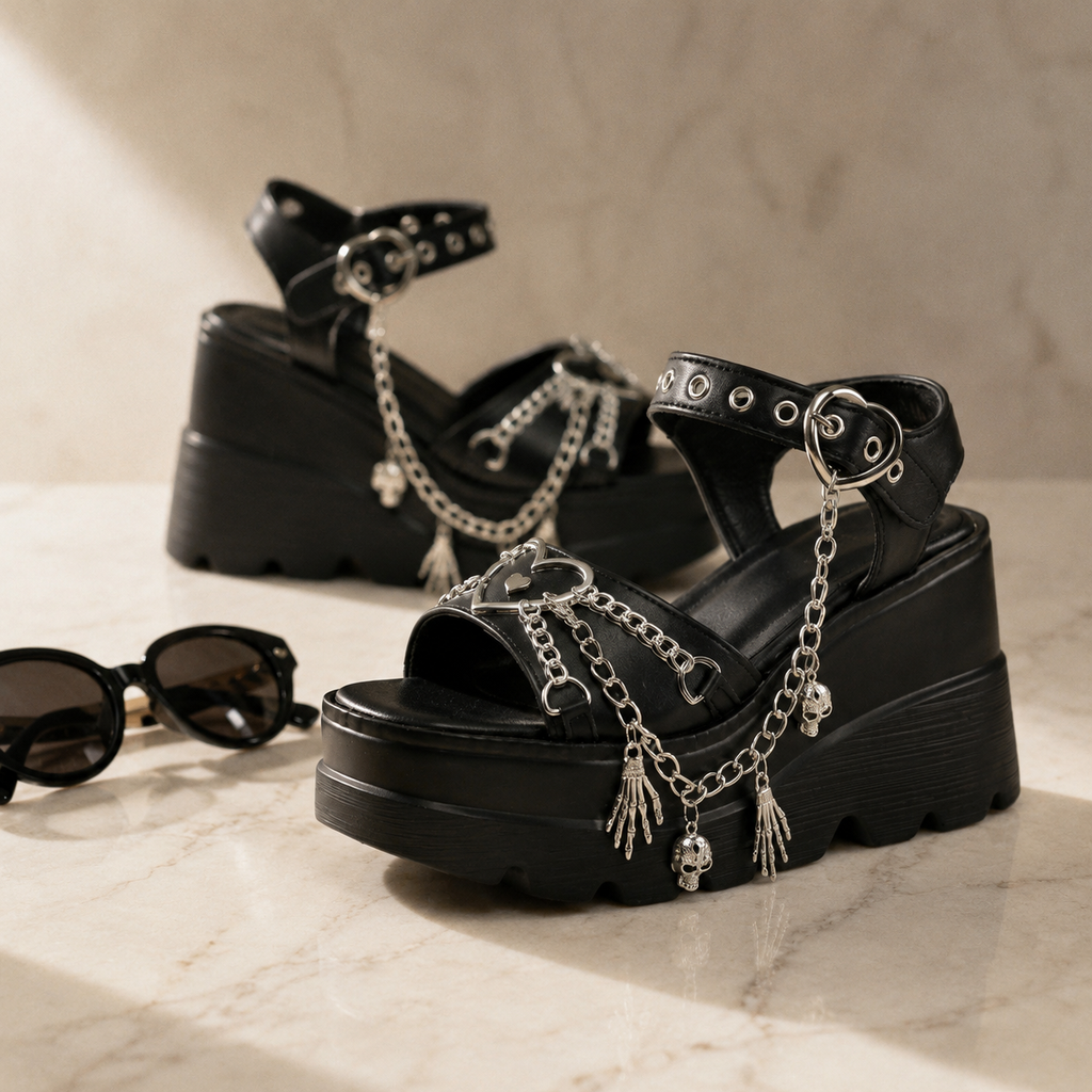 Deep Black Women's Open-Toe Microfiber Heart-Buckle Chain Wedge Sandals styled scene