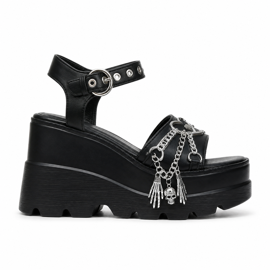 Deep Black Women's Open-Toe Microfiber Heart-Buckle Chain Wedge Sandals side view