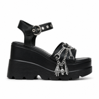 Deep Black Women's Open-Toe Microfiber Heart-Buckle Chain Wedge Sandals side view