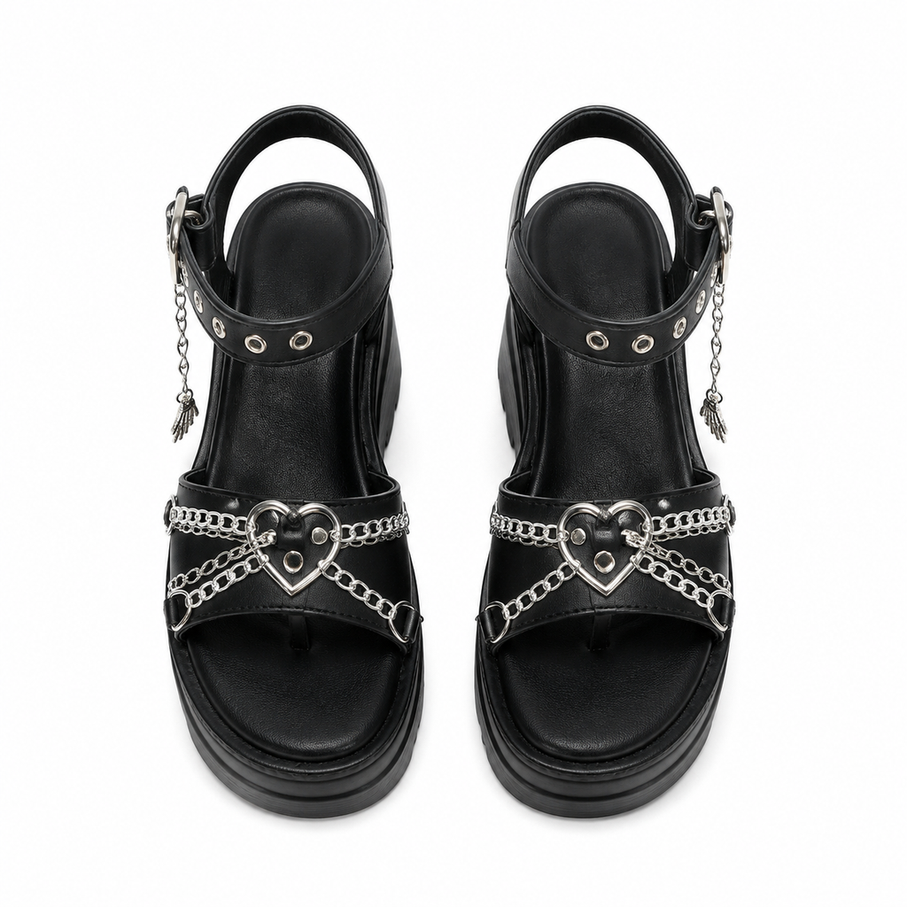 Deep Black Women's Open-Toe Microfiber Heart-Buckle Chain Wedge Sandals top view
