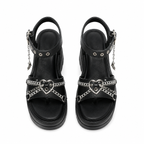 Deep Black Women's Open-Toe Microfiber Heart-Buckle Chain Wedge Sandals top view
