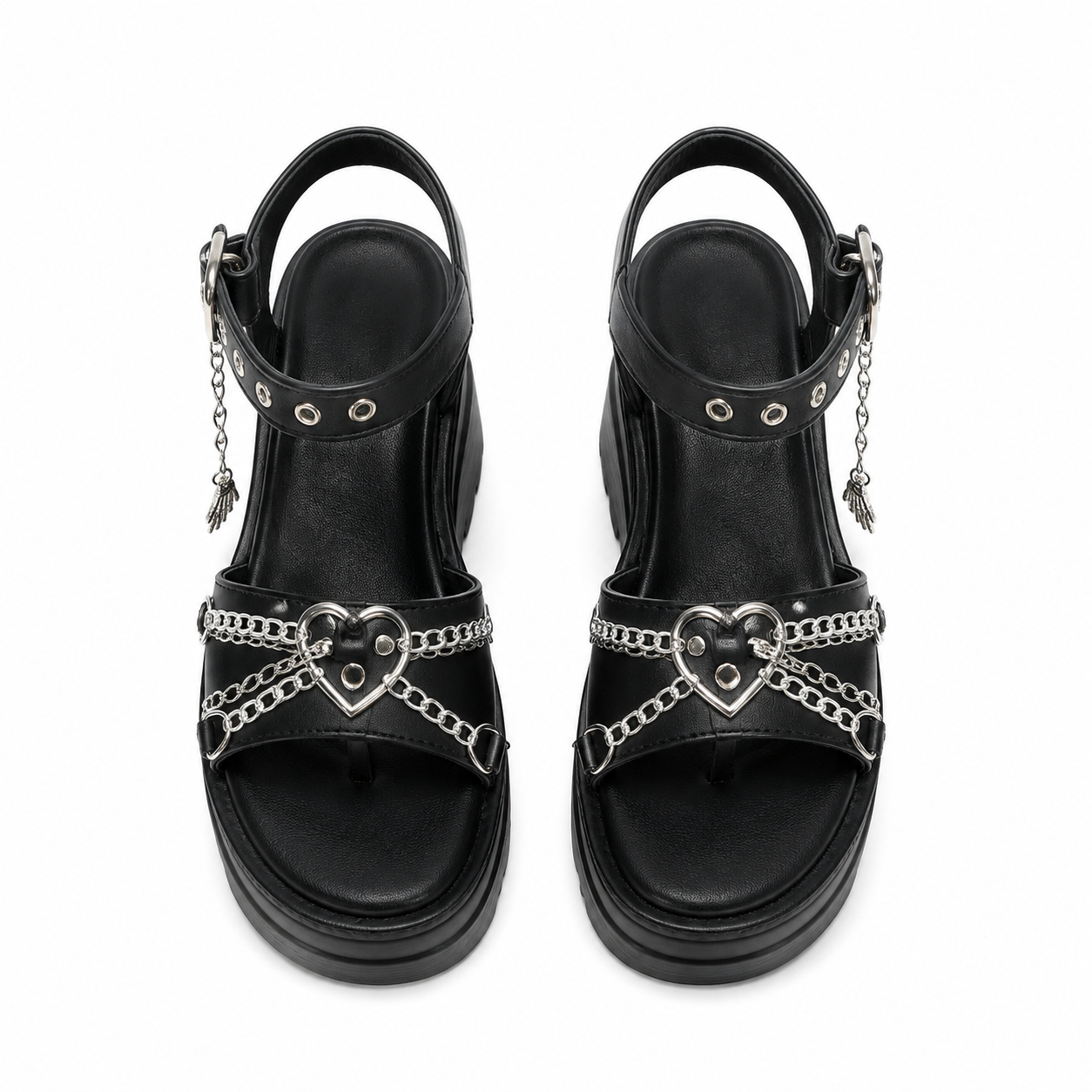 Deep Black Women's Open-Toe Microfiber Heart-Buckle Chain Wedge Sandals top view