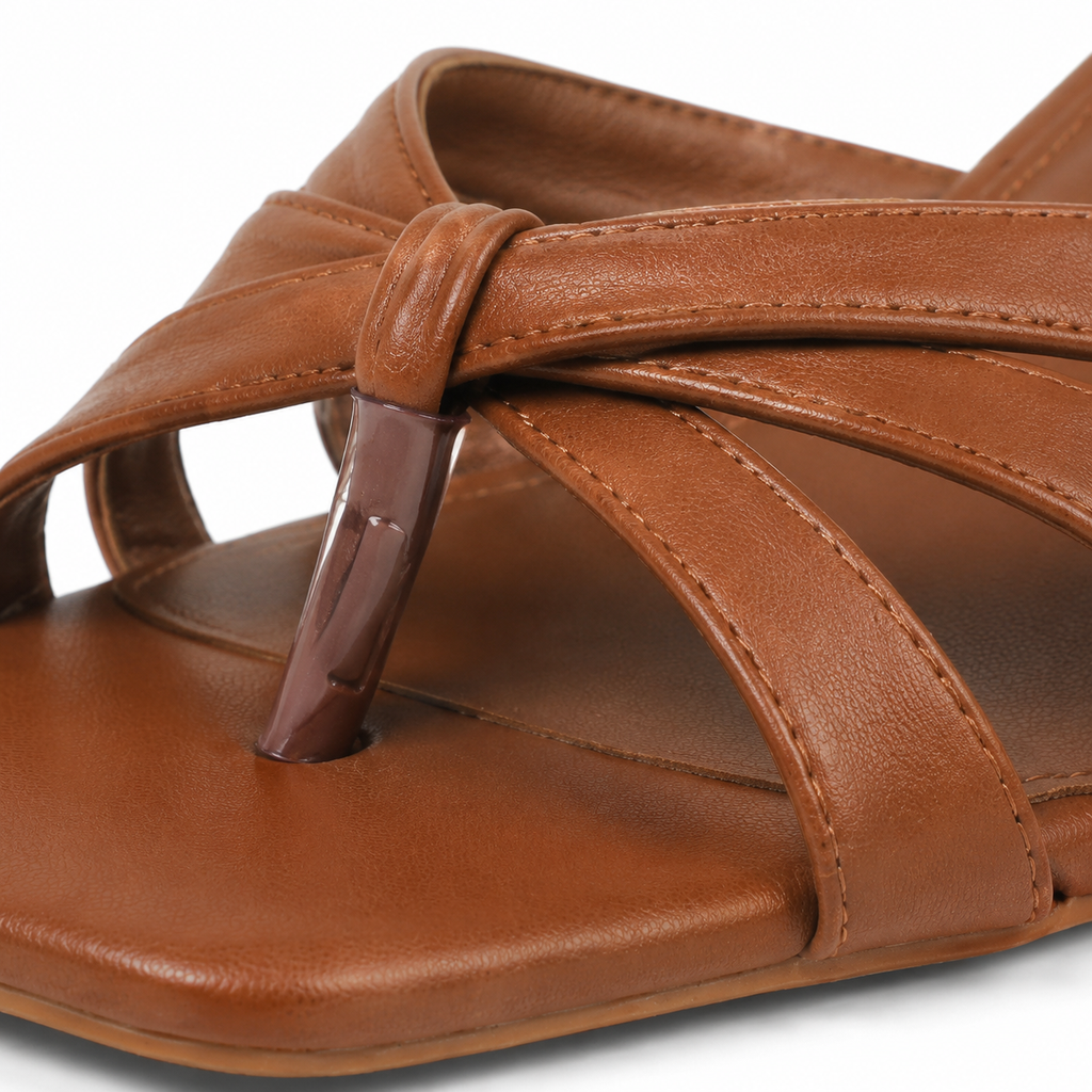 Rich Brown Women's Square-Toe Thin-Heel Leather Criss-Cross Sandals close-up detail