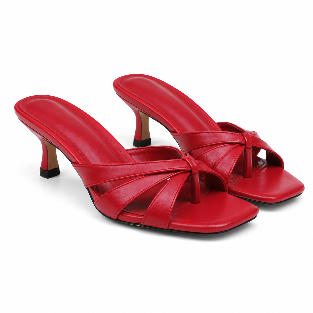 Deep Red Women's Square-Toe Thin-Heel Leather Criss-Cross Sandals