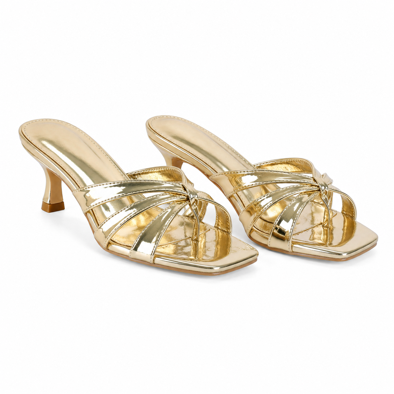 Warm Gold Women's Square-Toe Thin-Heel Leather Criss-Cross Sandals