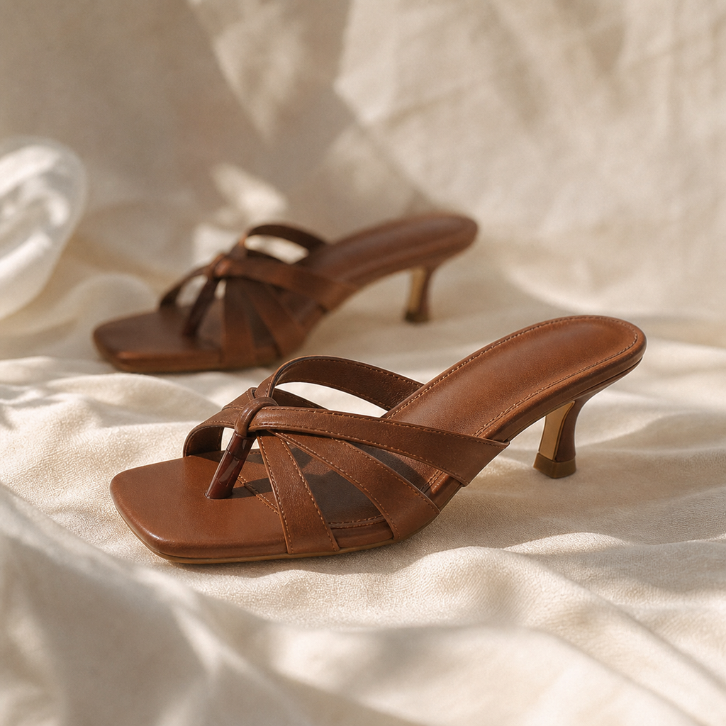 Rich Brown Women's Square-Toe Thin-Heel Leather Criss-Cross Sandals styled scene