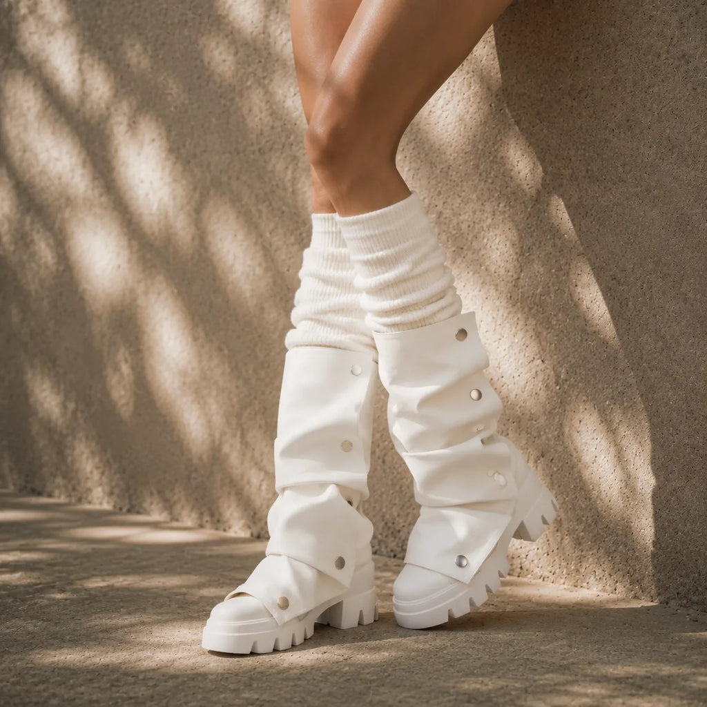 Cream Ivory Comino Block-Heel Boots on-foot view