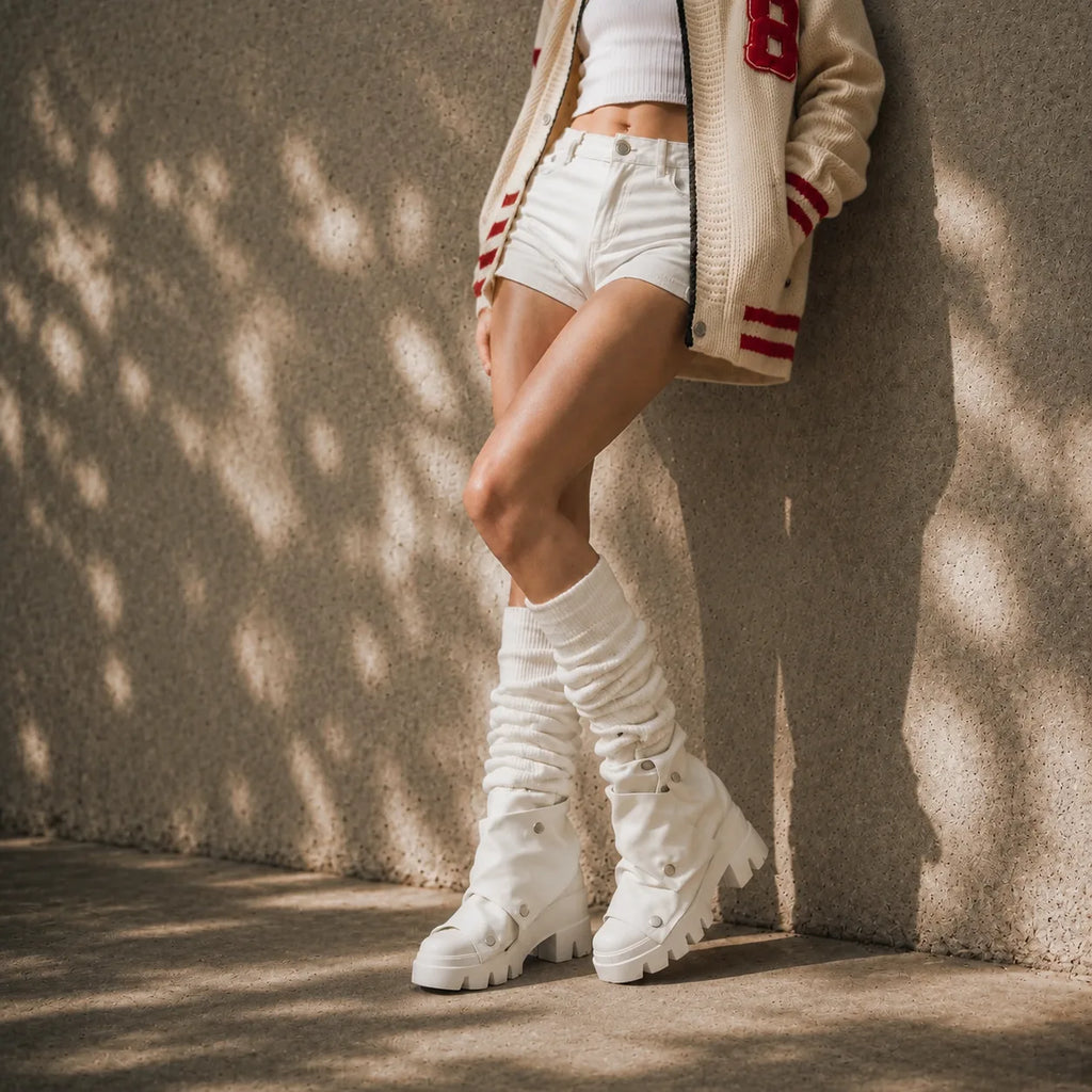 Cream Ivory Comino Block-Heel Boots lifestyle scene