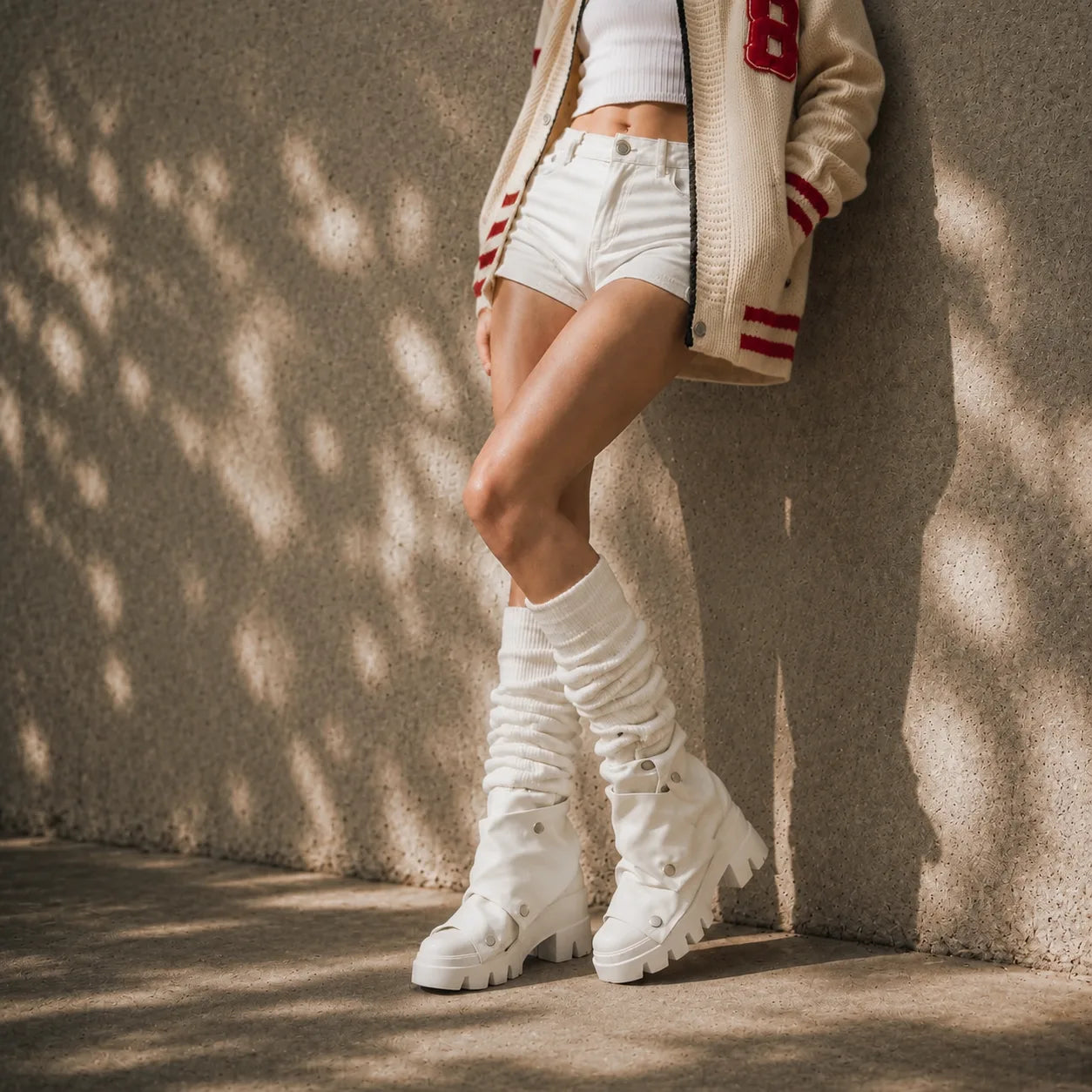 Cream Ivory Comino Block-Heel Boots lifestyle scene