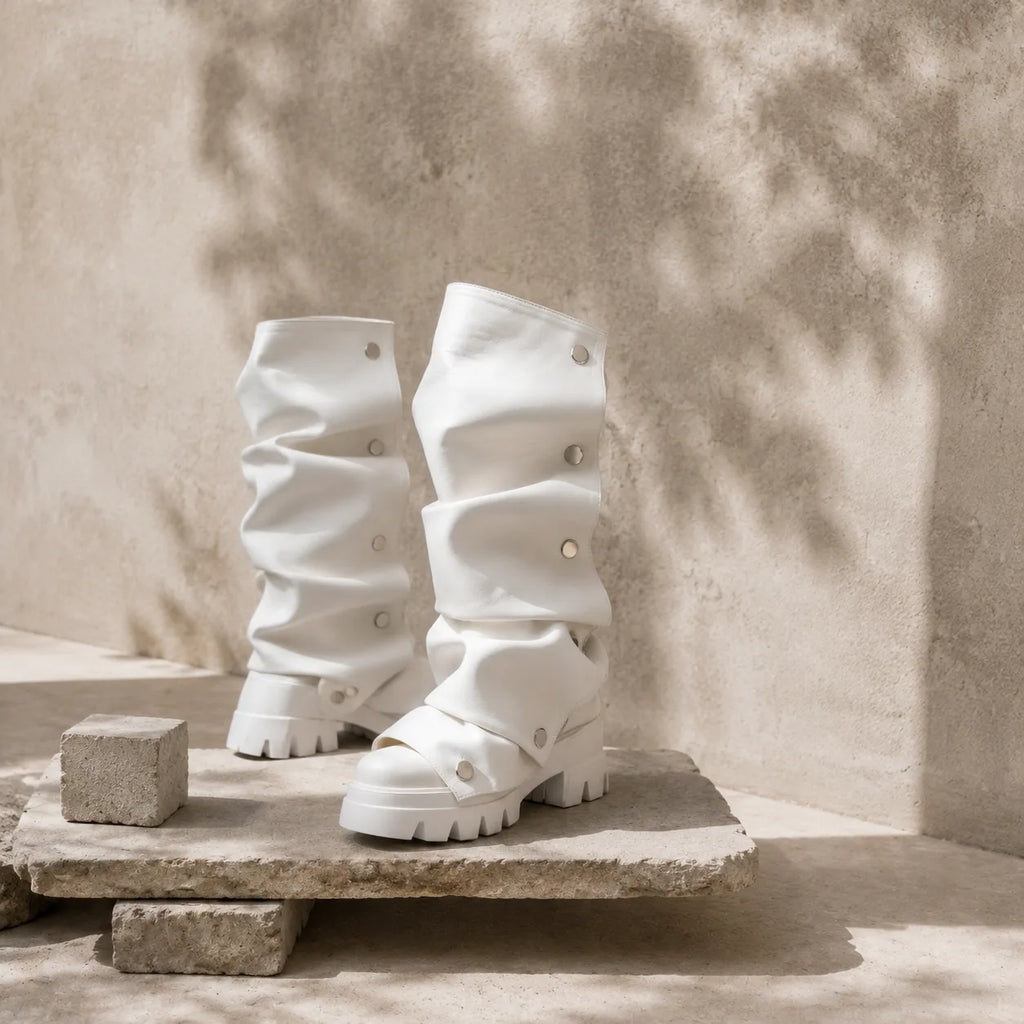 Cream Ivory Comino Block-Heel Boots styled scene