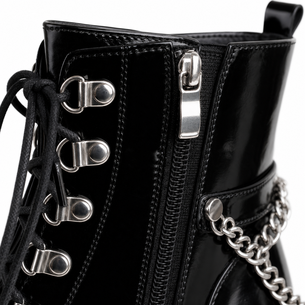 Black Patent Braga Patent Leather Block-Heel Boots close-up detail