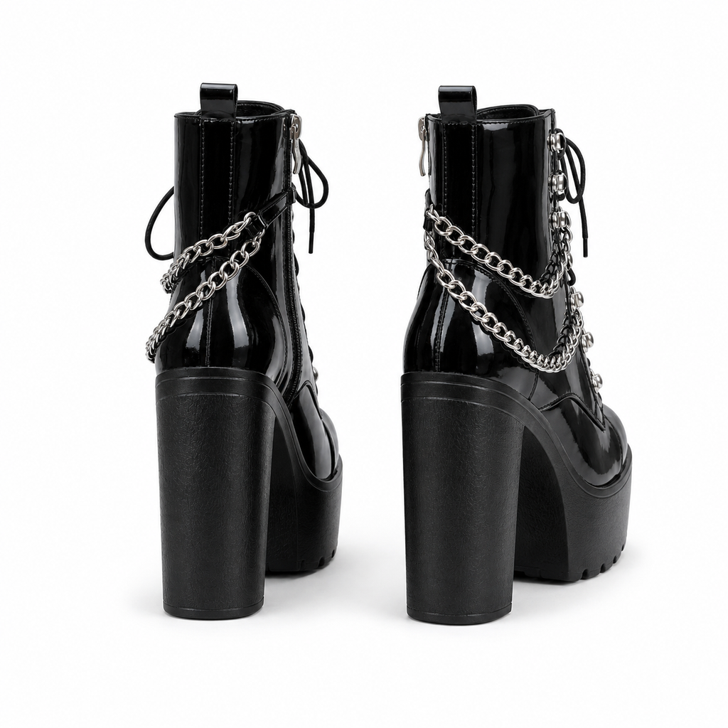 Black Patent Braga Patent Leather Block-Heel Boots heel detail
