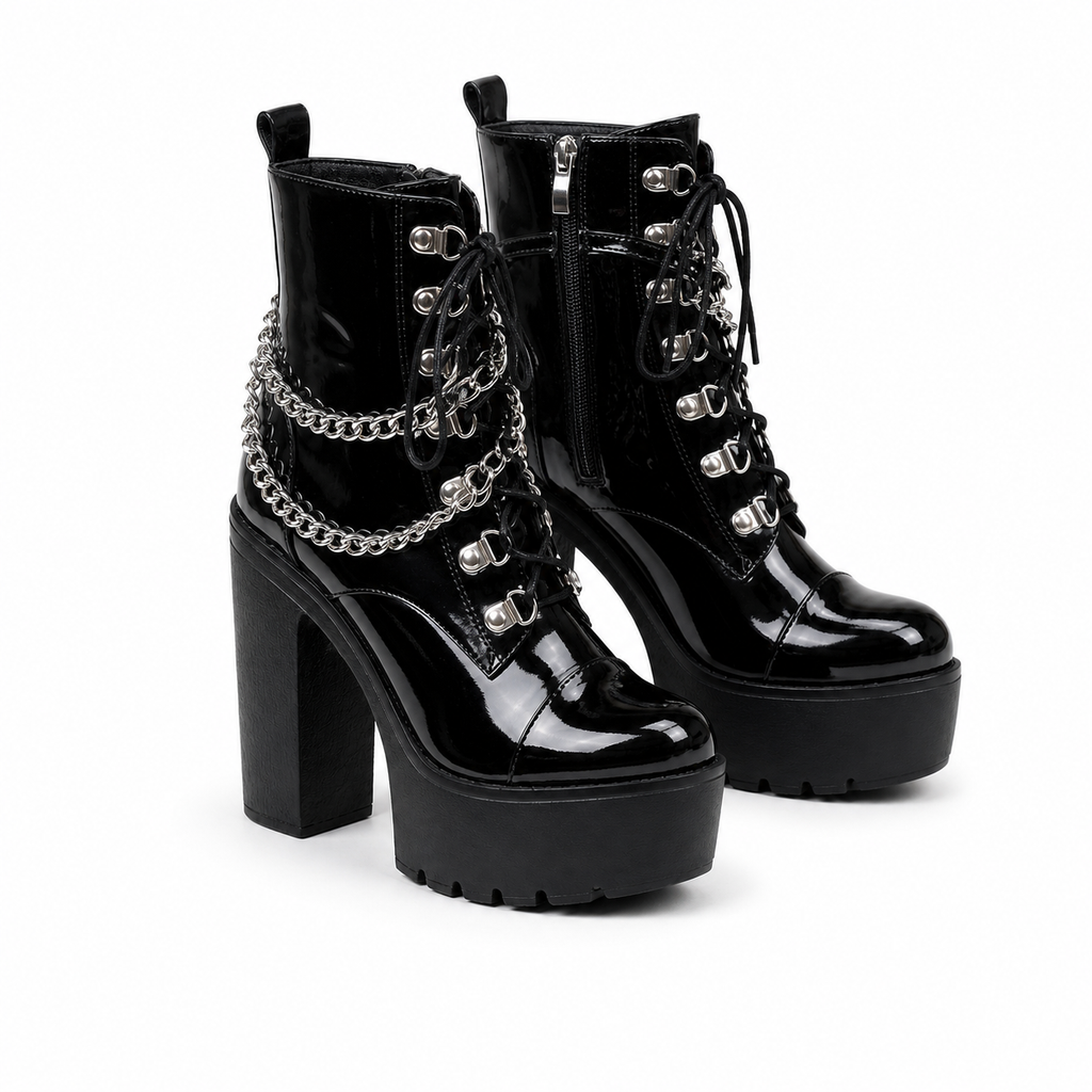 Black Patent Braga Patent Leather Block-Heel Boots