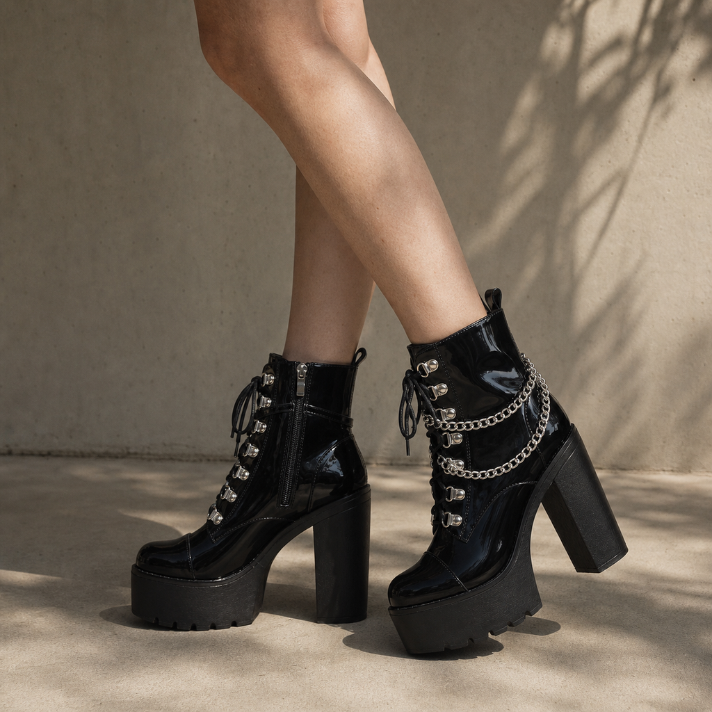 Black Patent Braga Patent Leather Block-Heel Boots on-foot view