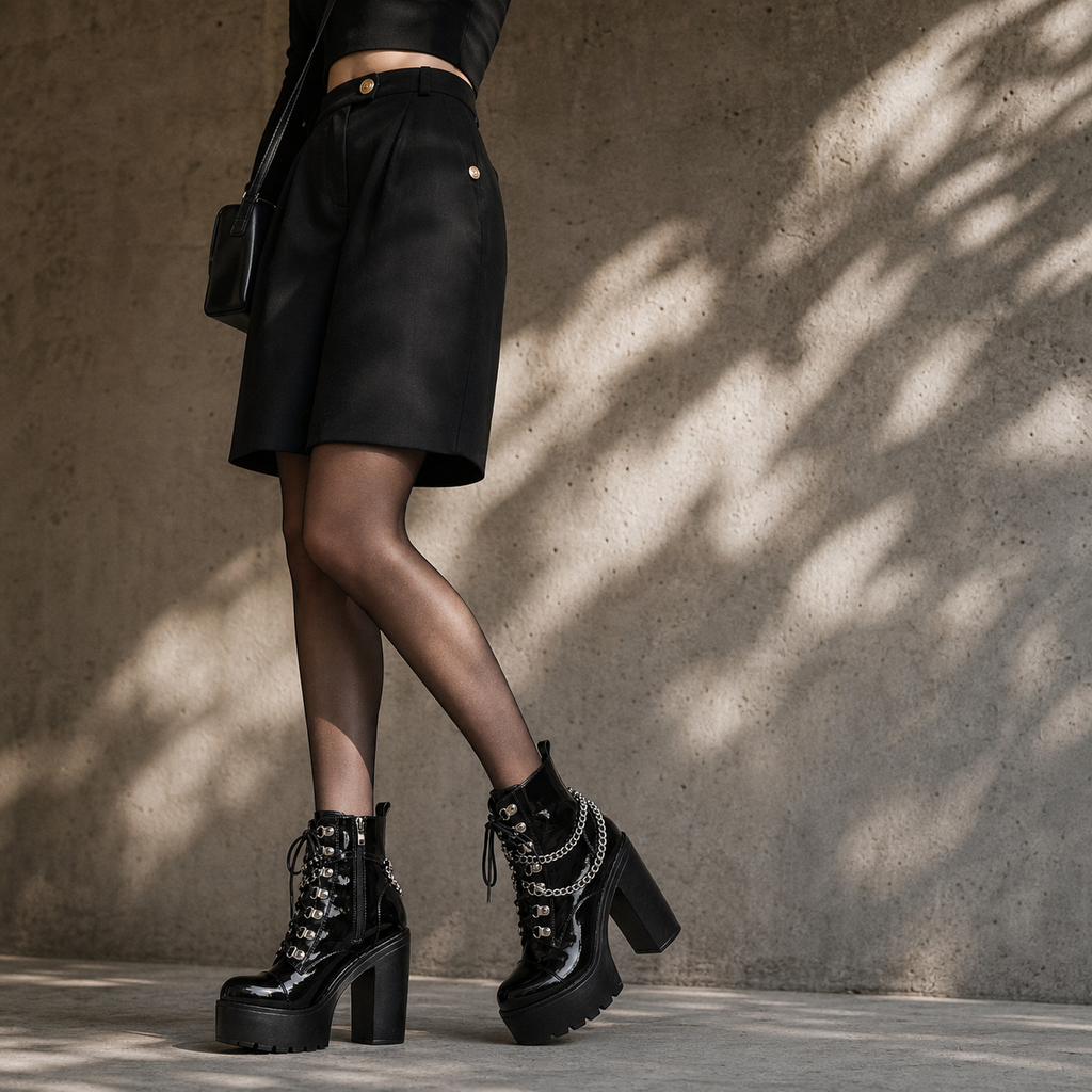 Black Patent Braga Patent Leather Block-Heel Boots lifestyle scene