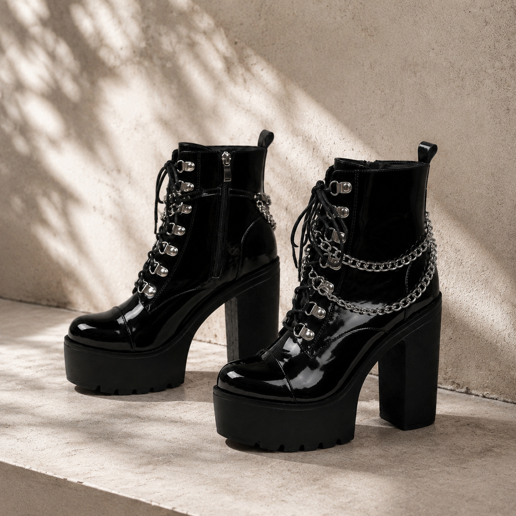 Black Patent Braga Patent Leather Block-Heel Boots styled scene