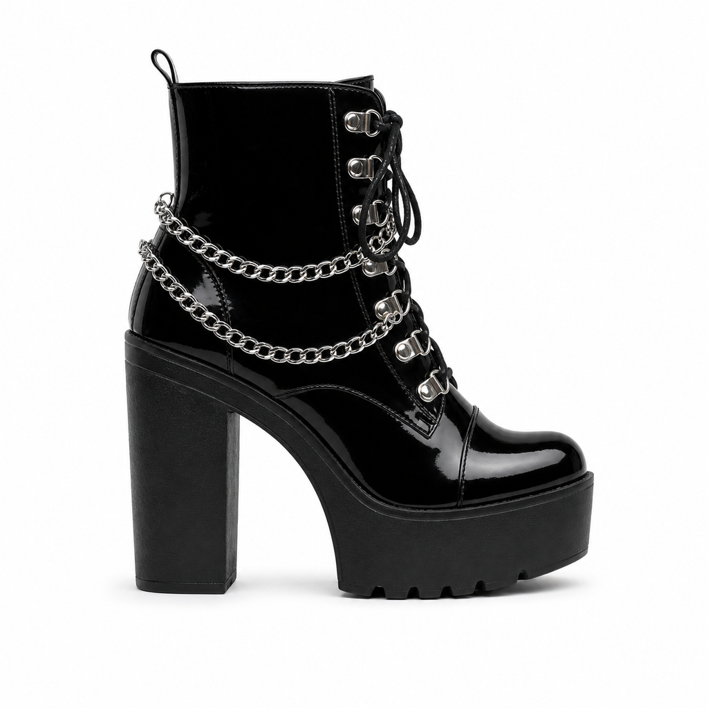 Black Patent Braga Patent Leather Block-Heel Boots side view