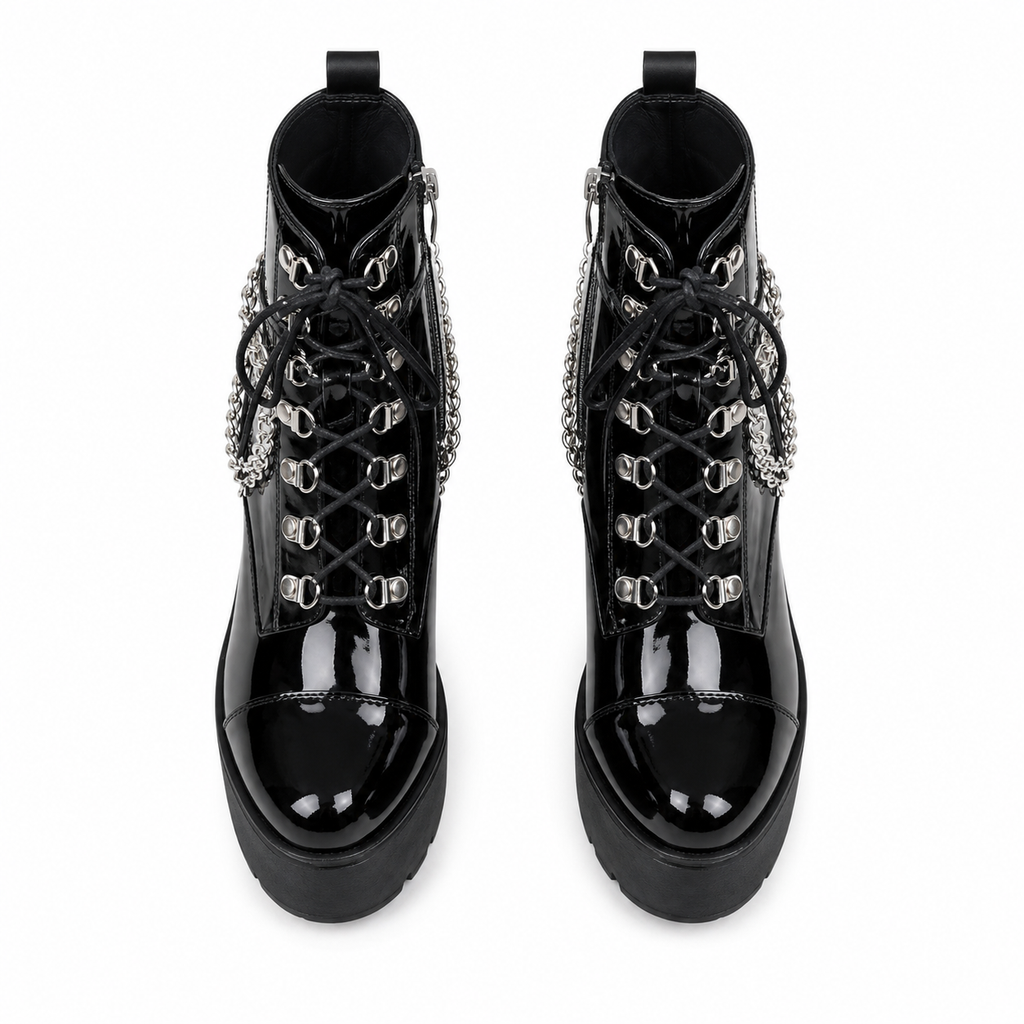 Black Patent Braga Patent Leather Block-Heel Boots top view