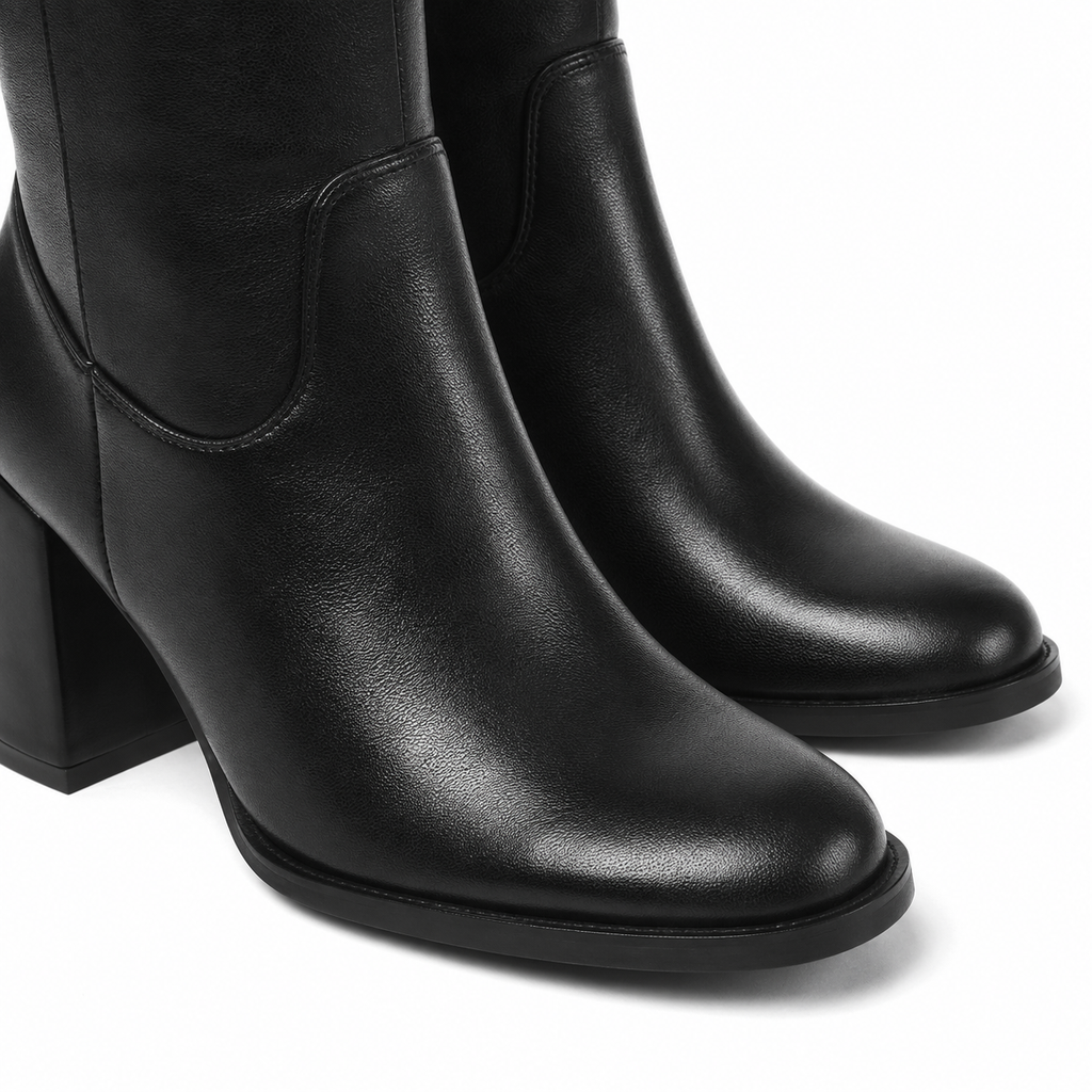 Deep Black Douro Leather Block-Heel Boots close-up detail