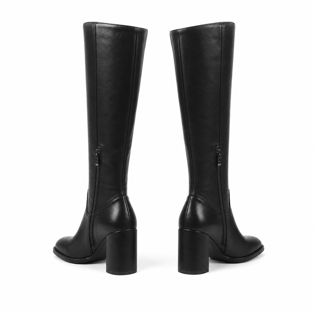 Deep Black Douro Leather Block-Heel Boots heel detail