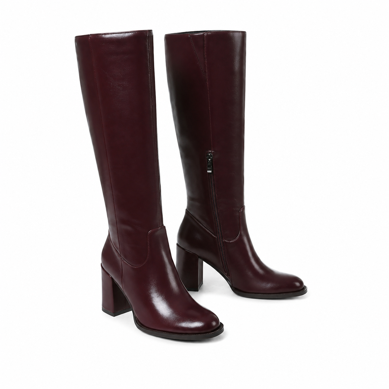 Deep Wine Douro Leather Block-Heel Boots