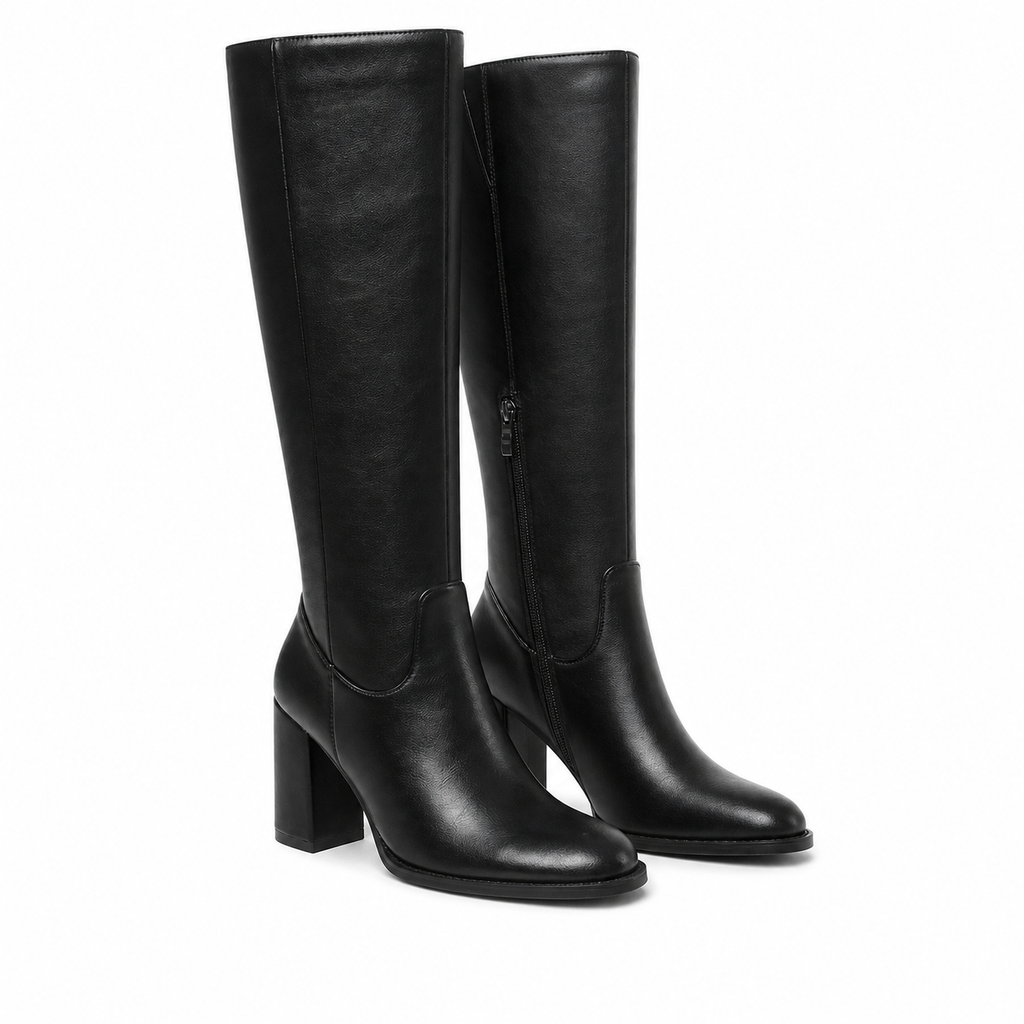 Deep Black Douro Leather Block-Heel Boots