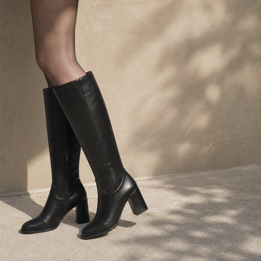 Deep Black Douro Leather Block-Heel Boots on-foot view