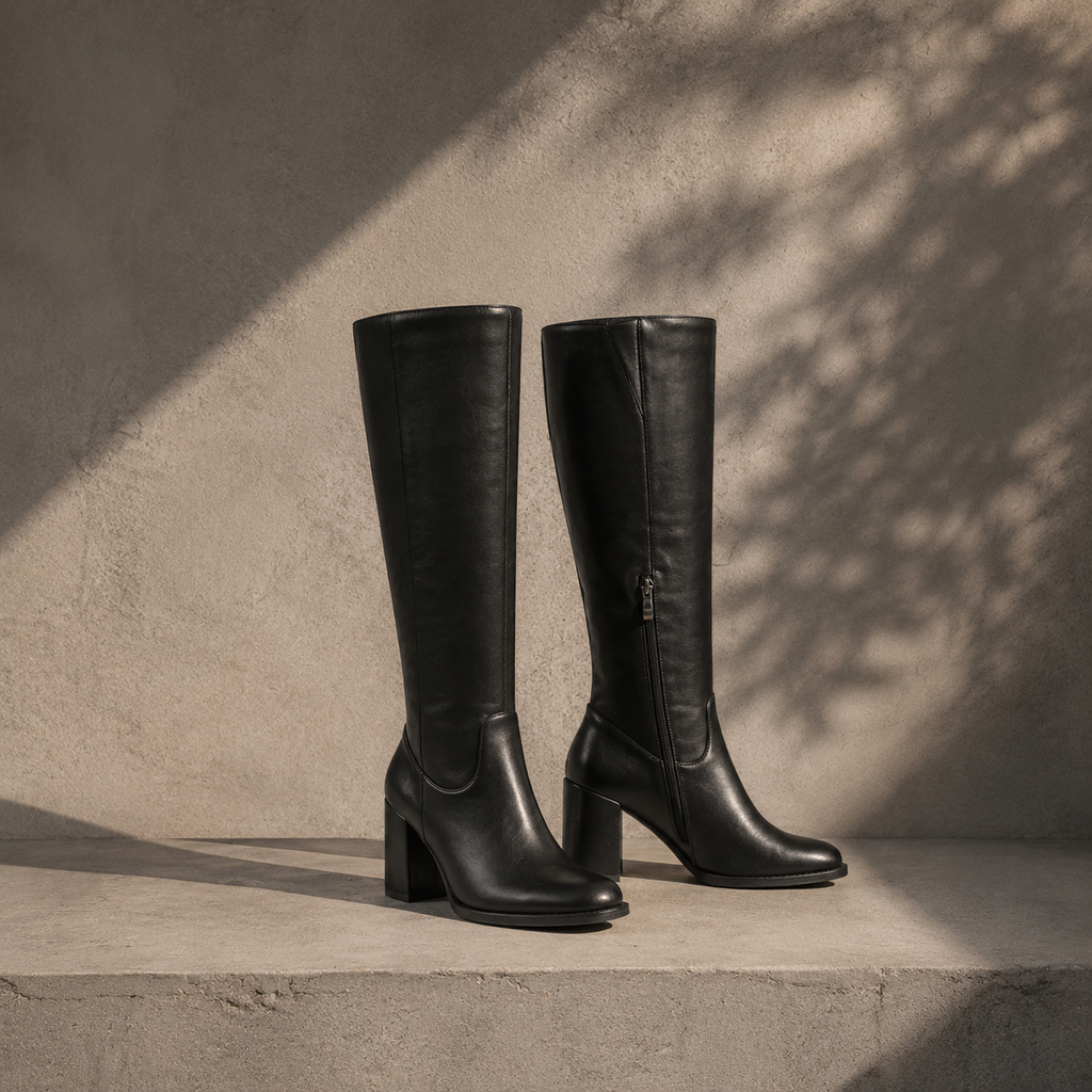 Deep Black Douro Leather Block-Heel Boots styled scene