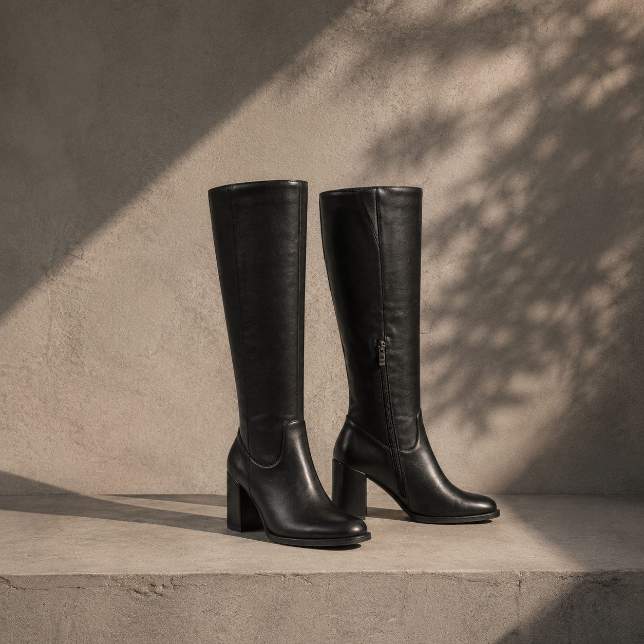 Deep Black Douro Leather Block-Heel Boots styled scene