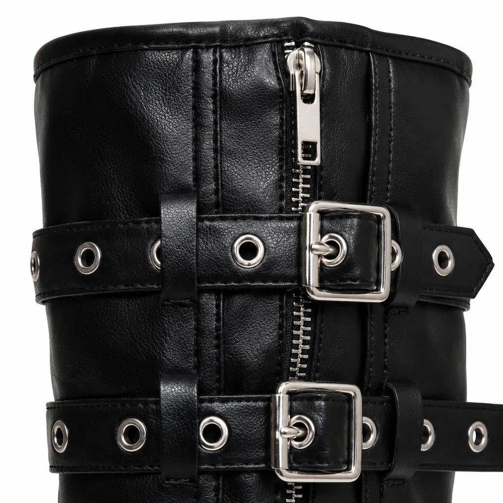 Deep Black Nerja Leather Knee-High Boots close-up detail