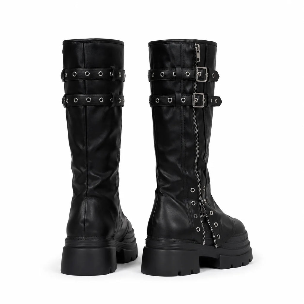 Deep Black Nerja Leather Knee-High Boots heel detail