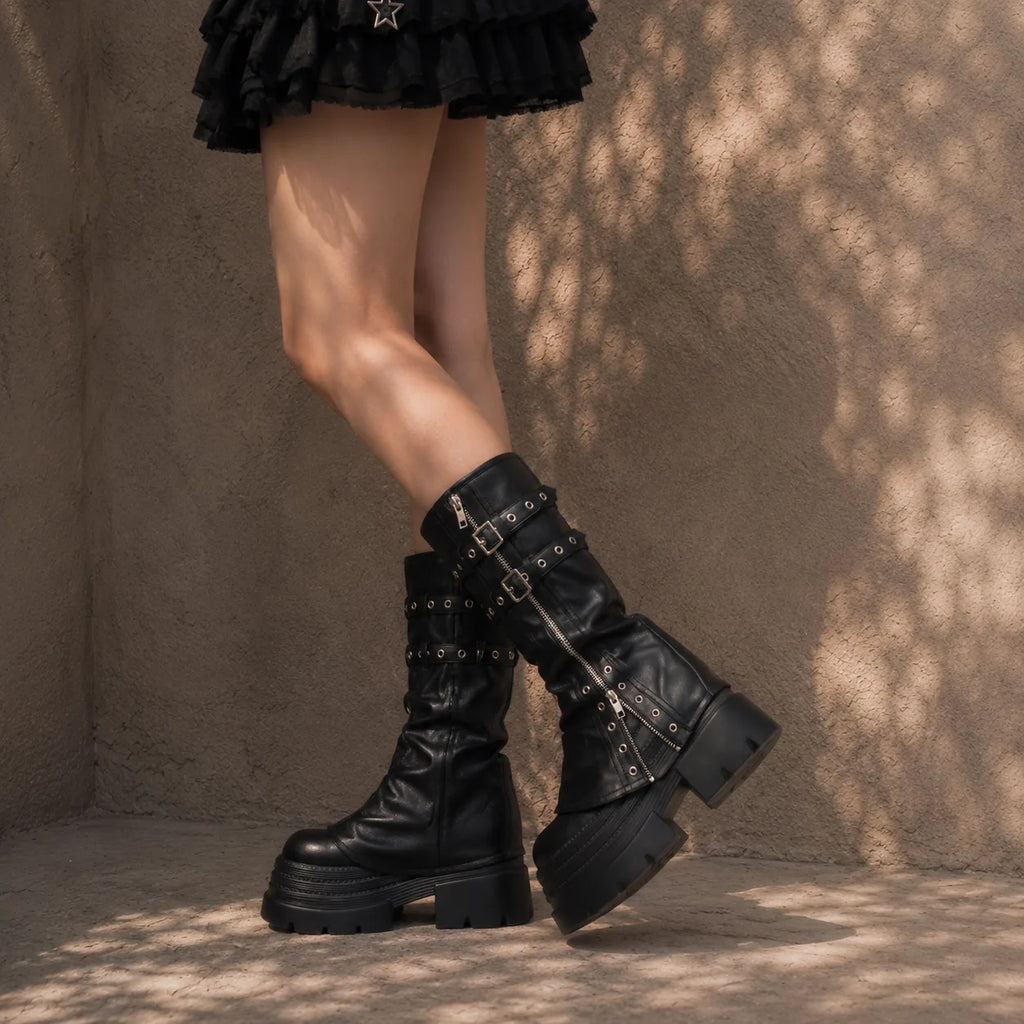 Deep Black Nerja Leather Knee-High Boots on-foot view