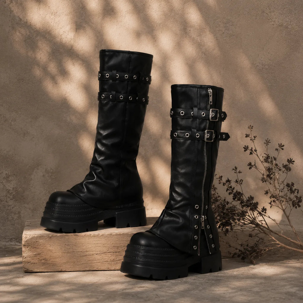 Deep Black Nerja Leather Knee-High Boots styled scene